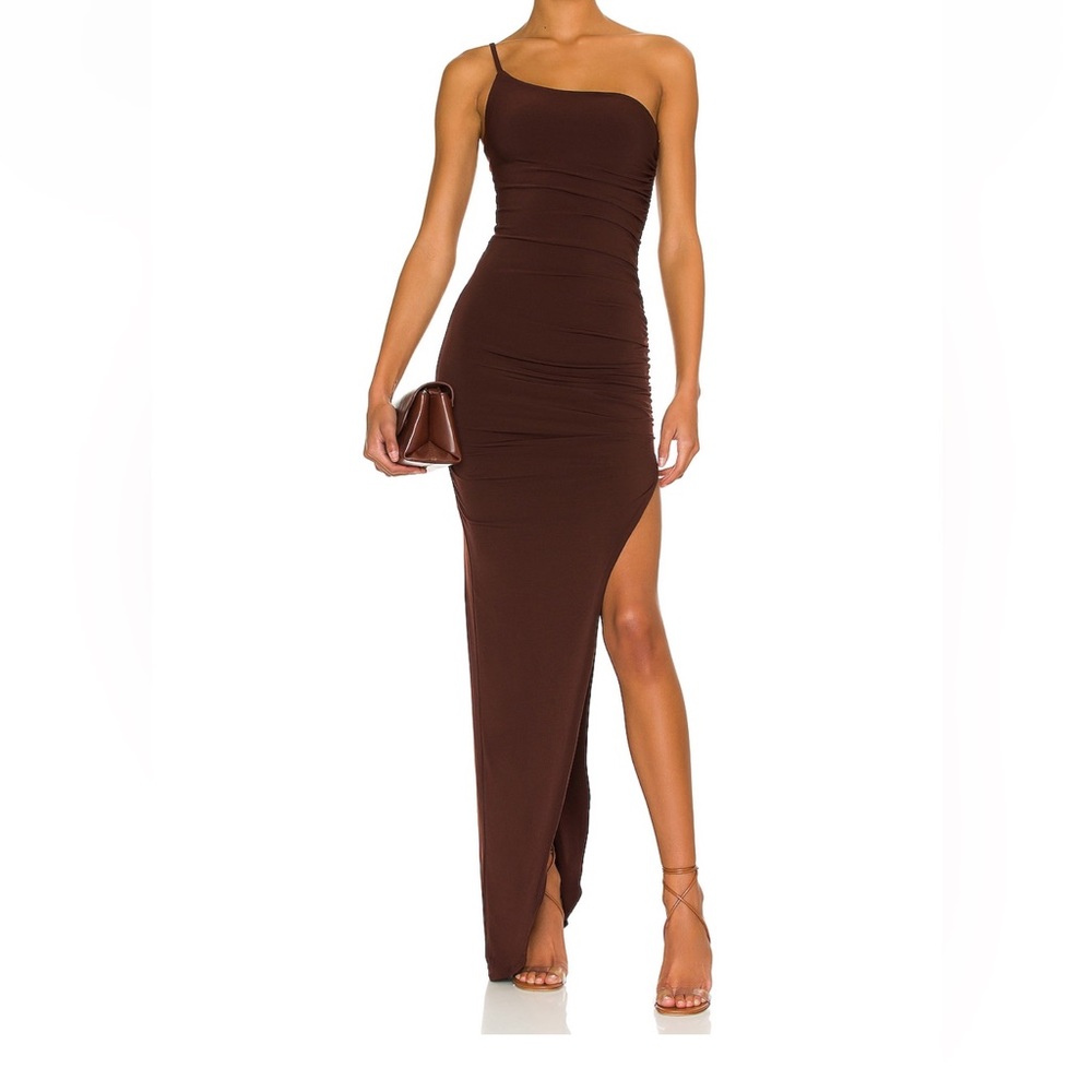 Nookie One-Shoulder Brown Ruched Maxi Dress